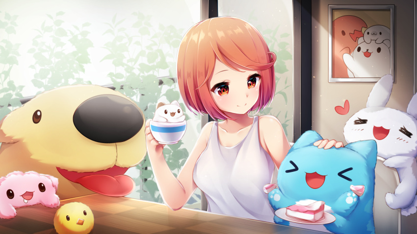 &gt;_&lt; 1girl :d bangs bare_shoulders bugcat cake cake_slice chinese_commentary cup dog food framed furball headpat heart highres holding holding_cup open_mouth original parted_bangs parted_lips paw_print plant portrait rabbit red_eyes redhead saliva shirt short_hair smile solo tank_top teacup tongue tongue_out umou_(may65879) upper_body white_shirt xd