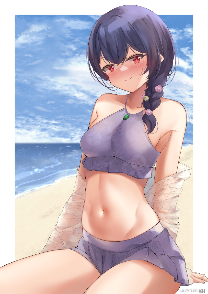 1girl absurdres artist_name bangs bare_shoulders beach black_hair blush border braid breasts closed_mouth clouds cloudy_sky commentary_request day eyebrows_visible_through_hair flower hair_flower hair_ornament halter_top halterneck highres idolmaster idolmaster_shiny_colors kebohan long_hair looking_at_viewer medium_breasts miniskirt morino_rinze navel off_shoulder outdoors outside_border pleated_skirt purple_skirt red_eyes shirt skirt sky smile solo stomach white_border white_shirt