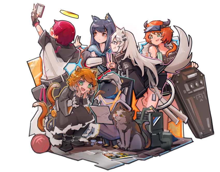 1boy 5girls :d absurdres animal animal_ears arknights bird black_dress black_footwear black_hair black_jacket black_shorts black_sleeves black_tank_top boots cat cat_ears cat_girl cat_tail commentary cow_horns croissant_(arknights) dress ear_piercing english_commentary exusiai_(arknights) eyewear_on_head fang full_body green_eyes grey_eyes grey_hair halo highres holding holding_paper hood hood_down horns jacket jumbowhopper lappland_(arknights) long_hair mousse_(arknights) multicolored_hair multiple_girls multiple_tails no_wings off_shoulder open_clothes open_jacket open_mouth orange_hair paper penguin piercing redhead selfie shield short_hair shorts sideways_mouth simple_background smile squatting standing streaked_hair sunglasses tail tank_top texas_(arknights) the_emperor_(arknights) v visor white_background white_hair white_headwear white_jacket wolf_ears wolf_girl wolf_tail writing yarn yarn_ball