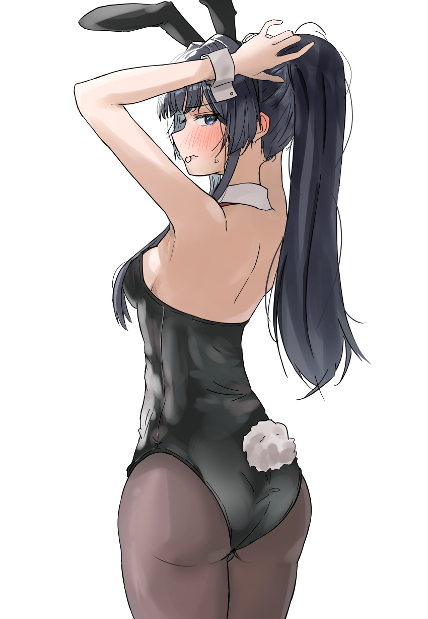 1girl absurdres adjusting_hair animal_ears armpits arms_up ass backbone backless_outfit bangs black_legwear blunt_bangs blush blush_stickers breasts cowboy_shot dark_blue_hair detached_collar ear_blush embarrassed fake_animal_ears from_behind full-face_blush highres idolmaster idolmaster_million_live! looking_at_viewer looking_back medium_breasts mogami_shizuka mouth_hold nape pantyhose pdal_(pdalhhh) playboy_bunny ponytail profile rabbit_ears rabbit_tail rubber_band sideboob simple_background solo tail tying_hair white_background wrist_cuffs