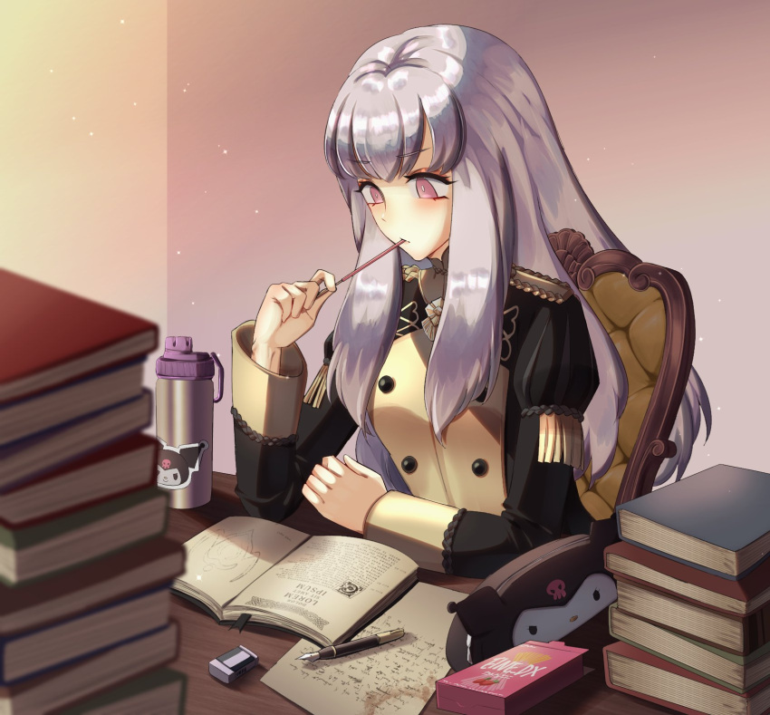 1girl bangs book book_stack bottle chair character_print commentary desk eating eine_(eine_dx) english_commentary epaulettes eraser eyebrows_visible_through_hair fire_emblem fire_emblem:_three_houses food fountain_pen garreg_mach_monastery_uniform highres holding holding_food long_hair long_sleeves lorem_ipsum lysithea_von_ordelia pen pencil_case pink_eyes pocky reading sidelocks sitting solo sticker water_bottle white_hair