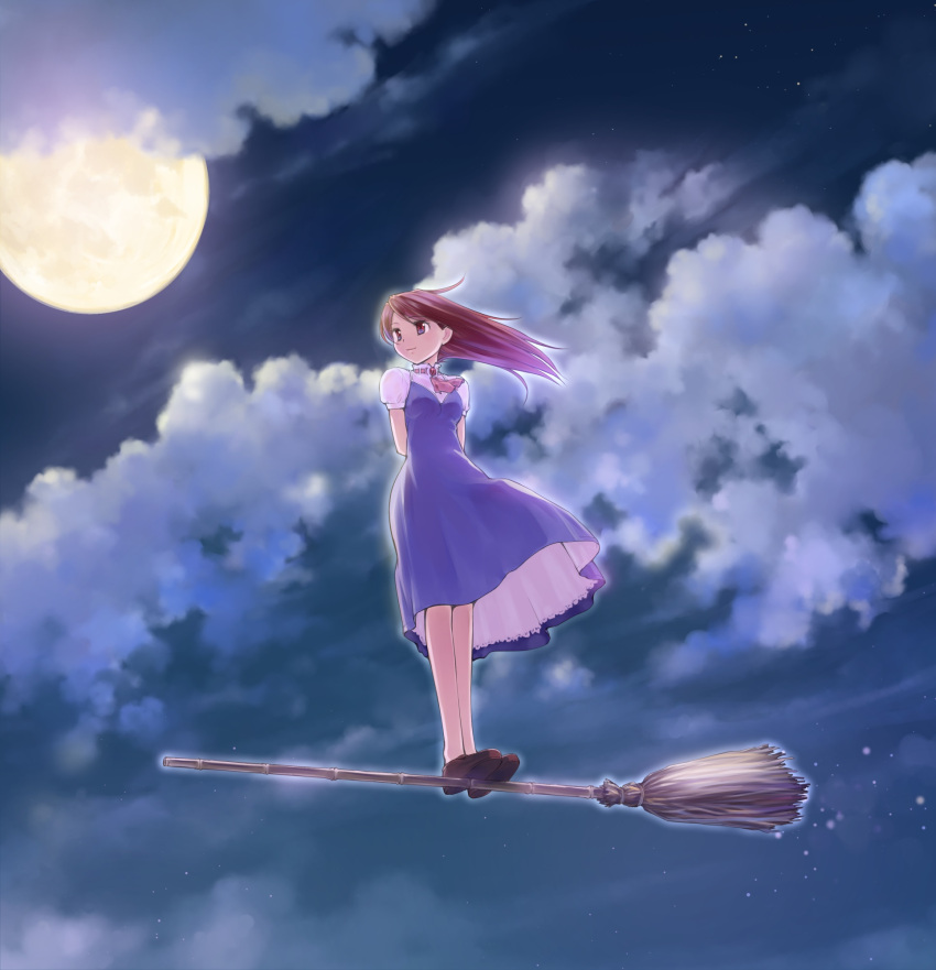 1girl arms_behind_back ascot bangs black_footwear blue_dress brooch broom broom_riding brown_hair closed_mouth clouds cloudy_sky commentary_request dress flying full_moon high_collar highres ikeda_jun_(mizutamari) jewelry long_hair looking_to_the_side medium_dress moon night night_sky no_socks original outdoors puffy_short_sleeves puffy_sleeves red_neckwear redrawn shoes short_sleeves sky smile solo standing star_(sky) starry_sky wind