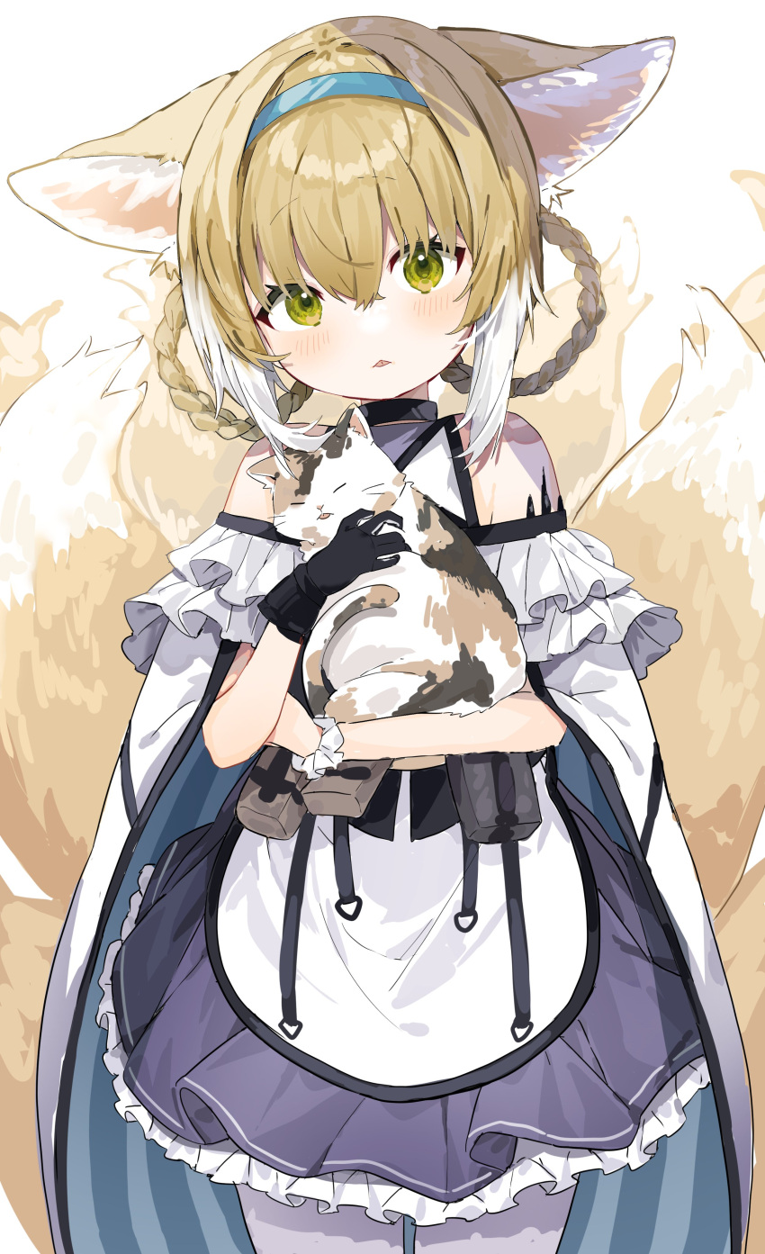 1girl absurdres animal animal_ears arknights blonde_hair blue_dress blue_hair blue_hairband blush braid cat cowboy_shot dress eyebrows_visible_through_hair fox_ears fox_girl fox_tail frilled_dress frills green_eyes hair_between_eyes hairband highres holding holding_animal holding_cat inu_(puputizy) looking_at_viewer multicolored_hair pantyhose simple_background solo streaked_hair suzuran_(arknights) tail two-tone_dress white_background white_dress white_hair white_legwear