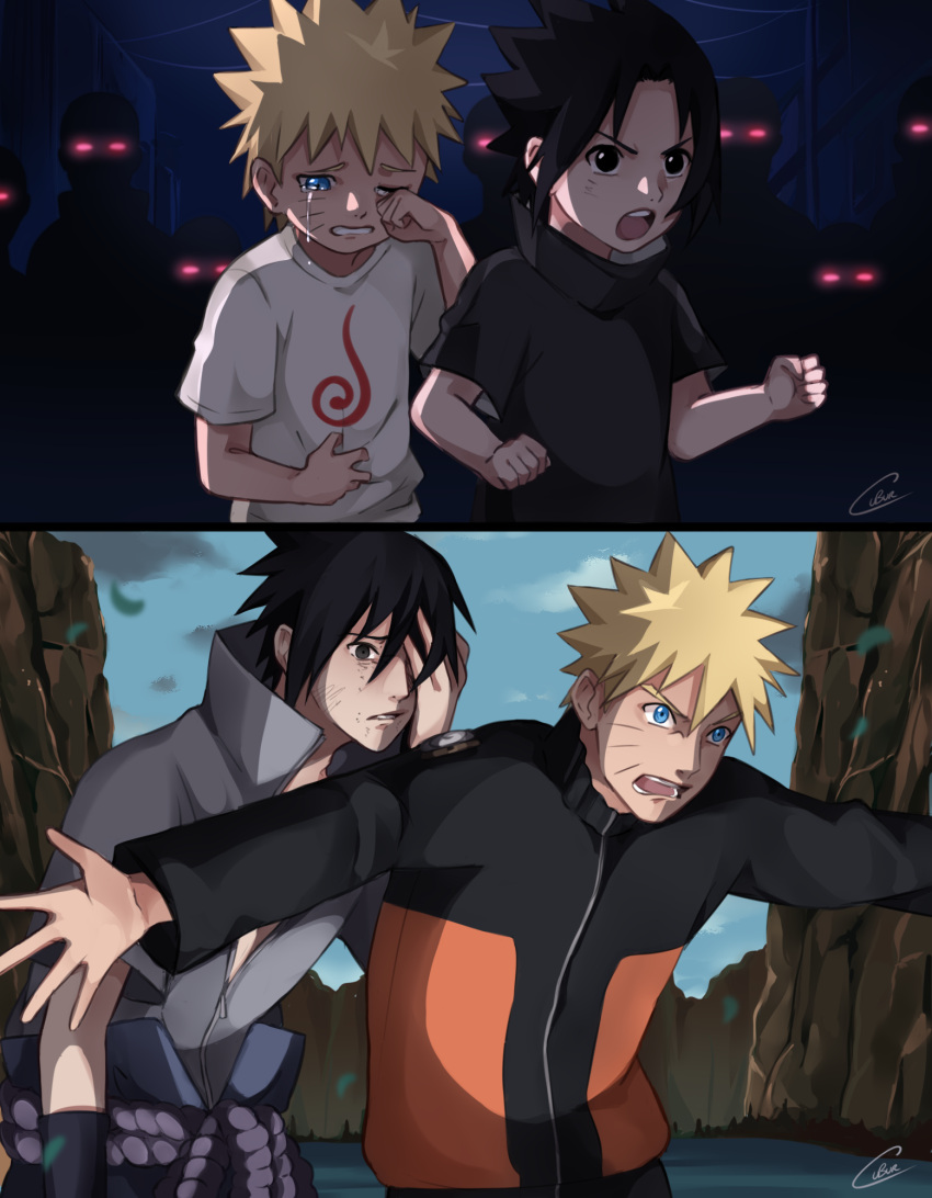 2boys :o bangs black_eyes black_hair black_shirt blonde_hair blue_eyes blue_skirt clouds cloudy_sky crying crying_with_eyes_open cubur glowing glowing_eyes grey_jacket hand_on_own_face highres jacket long_sleeves multiple_boys naruto naruto_(series) naruto_shippuuden night night_sky open_mouth outstretched_arms shirt short_hair short_sleeves skirt sky tears teeth tree uchiha_sasuke uzumaki_naruto v-shaped_eyebrows white_shirt