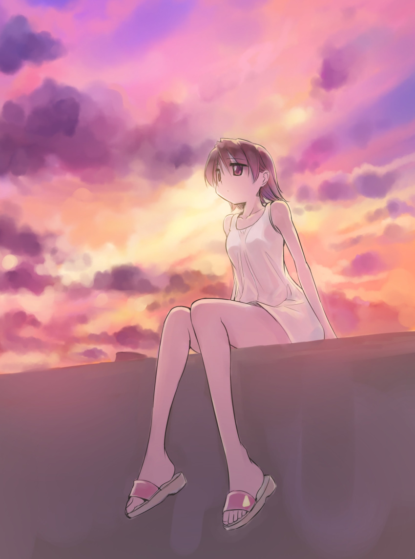 1girl bangs brown_eyes brown_footwear brown_hair closed_mouth clouds cloudy_sky commentary_request dress eyebrows_visible_through_hair highres ikeda_jun_(mizutamari) looking_to_the_side multicolored multicolored_sky orange_sky original outdoors purple_sky redrawn sandals short_dress short_hair sitting sky sleeveless sleeveless_dress solo twilight white_dress