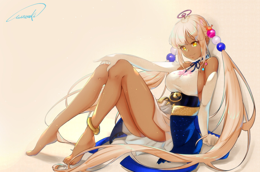 1girl anklet arched_soles bare_legs bare_shoulders barefoot blonde_hair blue_bow blue_neckwear blue_ribbon blue_skirt bow breasts dark-skinned_female dark_skin dress elbow_gloves full_body gloves halterneck hand_on_own_knee headpiece highres hololive hololive_english jewelry large_breasts limiter_(tsukumo_sana) long_hair looking_at_viewer neck_ribbon orange_eyes planet_hair_ornament purple_(jobseeking) ribbon sideboob signature simple_background sitting skirt sleeveless sleeveless_dress smile solo tsukumo_sana twintails very_long_hair virtual_youtuber white_dress white_gloves