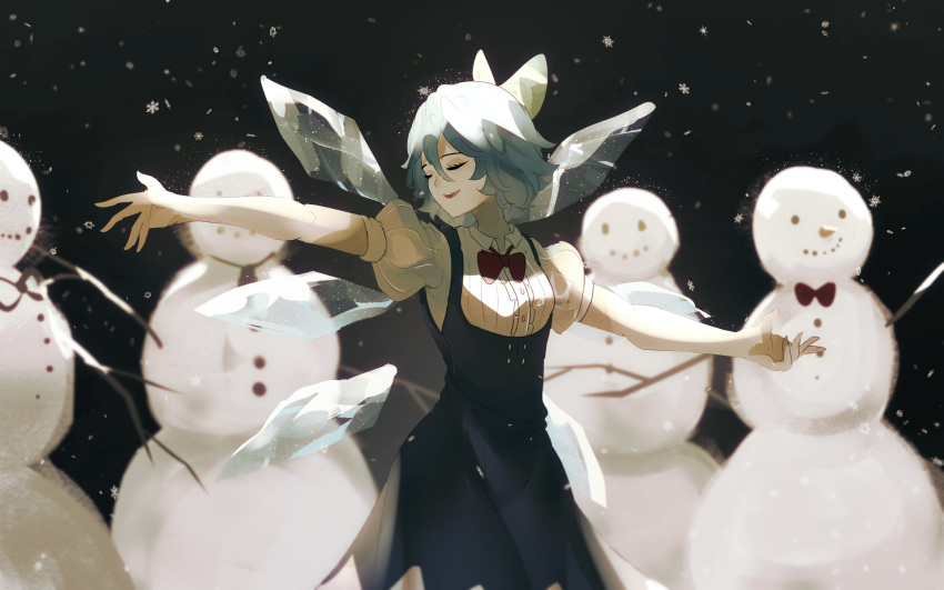 1girl blue_bow blue_hair bow cirno cirno_day closed_eyes dress hair_bow highres ice ice_wings naufaldreamer open_mouth pinafore_dress puffy_short_sleeves puffy_sleeves red_bow red_neckwear shirt short_sleeves smile snowflakes snowing snowman solo touhou white_shirt wings