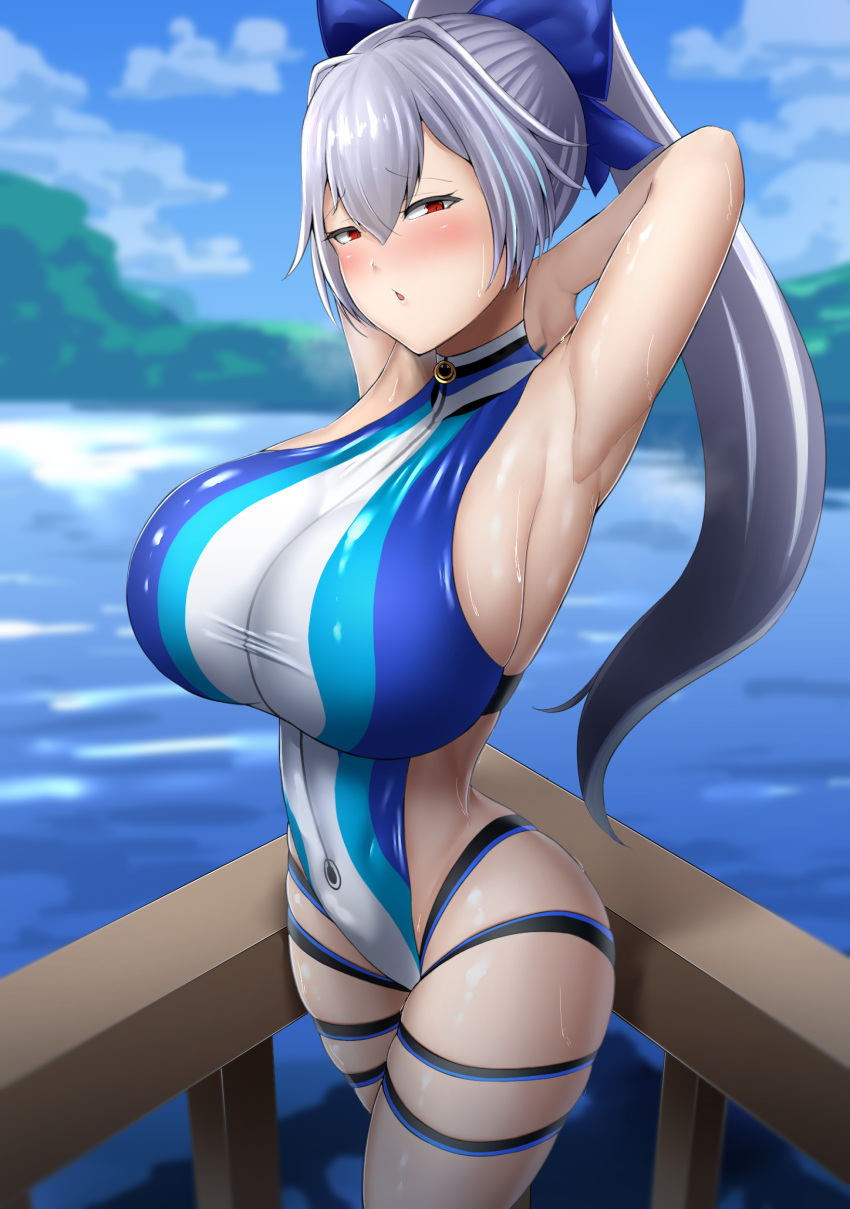 1girl absurdres armpits arms_behind_head arms_up bangs bare_shoulders blue_bow blue_sky blue_swimsuit blurry blurry_background bow breasts fate/grand_order fate_(series) hair_between_eyes hair_bow highleg highleg_swimsuit highres lake large_breasts long_hair looking_at_viewer one-piece_swimsuit open_mouth ponytail red_eyes sideboob silver_hair sirosoil sky solo swimsuit thigh_strap thighs tomoe_gozen_(fate) tomoe_gozen_(swimsuit_saber)_(fate) two-tone_swimsuit water white_swimsuit