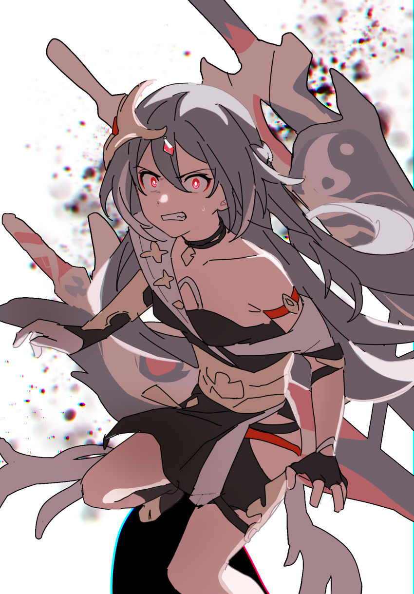 1girl asymmetrical_gloves bangs black_gloves chinese_clothes choker fingerless_gloves floating floating_object floating_sword floating_weapon fu_hua fu_hua_(herrscher_of_sentience) gloves grey_hair hair_between_eyes hair_ornament highres hm_mono honkai_(series) honkai_impact_3rd long_hair looking_at_viewer mismatched_gloves multicolored_hair open_mouth red_eyes simple_background solo streaked_hair sweat sword teeth weapon white_background white_gloves wide-eyed yin_yang