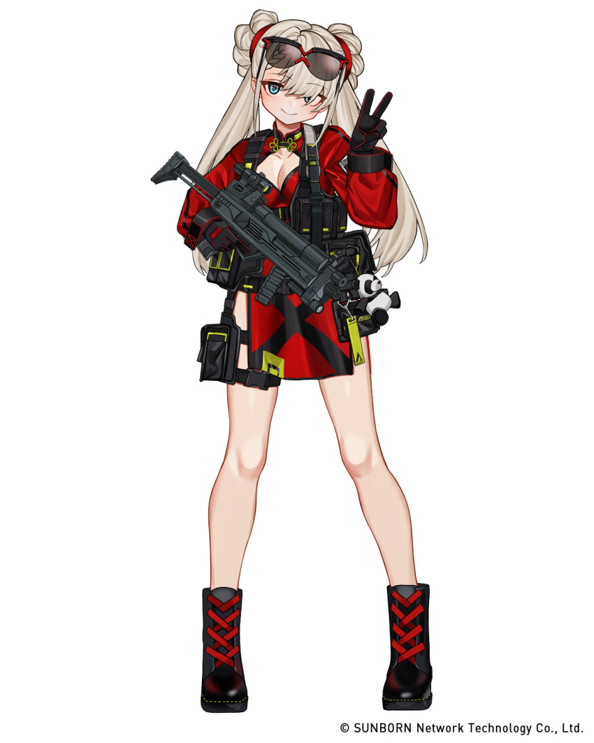 1girl black_footwear black_gloves boots cf05_(girls'_frontline) china_dress chinese_clothes cleavage_cutout closed_mouth clothing_cutout commentary_request double_bun dress english_text eyewear_on_head girls_frontline gloves gun harness high_collar highres holding holding_gun holding_weapon logo long_hair long_sleeves looking_at_viewer luicent official_art red_dress shadow short_dress side_slit simple_background smile solo standing thigh-highs thigh_boots very_long_hair watermark weapon web_address white_background