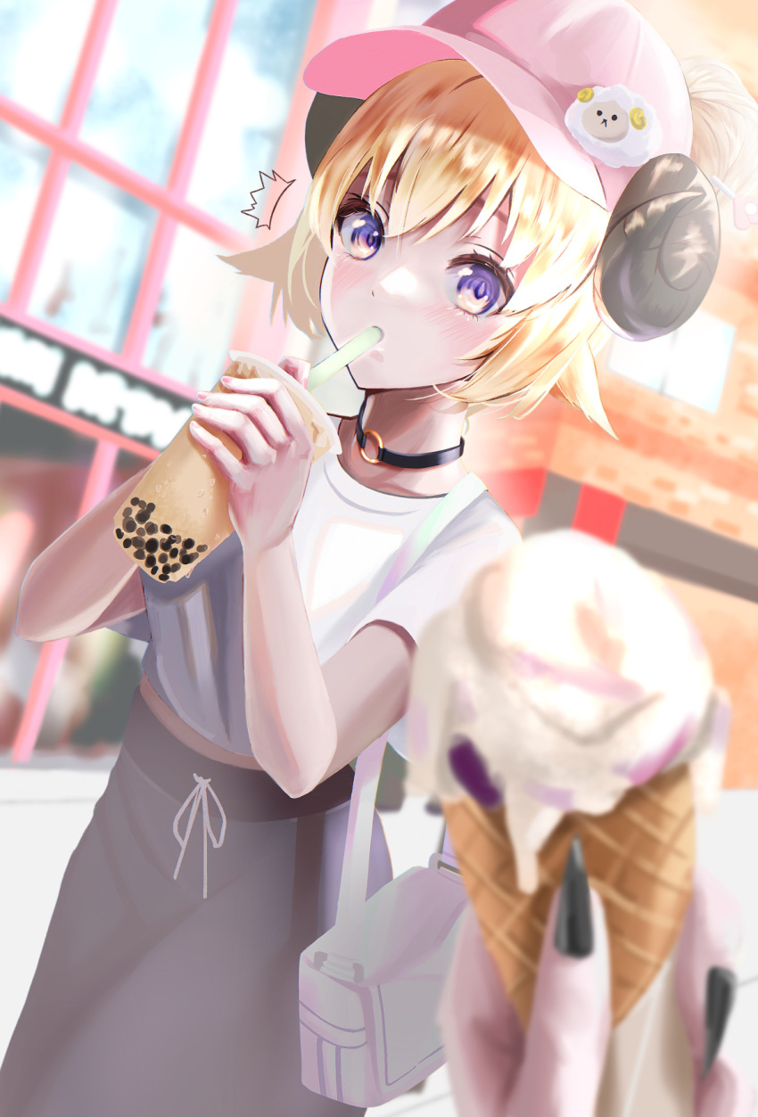 2girls animal_ears black_nails blonde_hair bubble_tea casual chantsunyuen1997 choker cup disposable_cup drink drinking drinking_straw drinking_straw_in_mouth food highres holding holding_cup holding_drink holding_food hololive horns ice_cream ice_cream_cone iced_tea multiple_girls nail_polish o-ring o-ring_choker sheep_ears sheep_girl sheep_horns shishiro_botan short_hair single_scoop solo_focus tsunomaki_watame violet_eyes virtual_youtuber