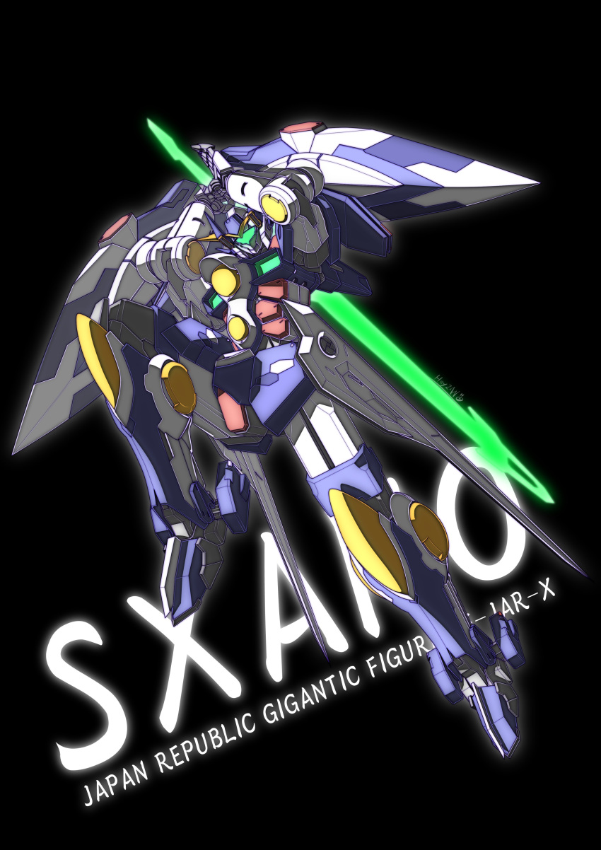 absurdres black_background character_name energy_sword heyzan highres holding holding_sword holding_weapon kishin_taisen_gigantic_formula looking_down mecha no_humans science_fiction solo sword sxano-x v-fin visor weapon