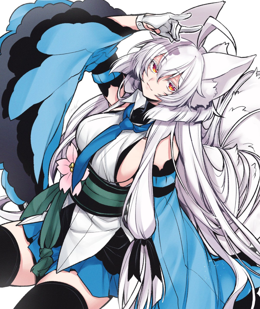 1girl animal_ear_fluff animal_ears black_legwear breasts flower fox_ears fox_shadow_puppet fox_tail gloves highres husca_(tk) japanese_clothes large_breasts light_smile long_hair orange_eyes original sideboob skirt solo tail takatsuki_ichi thigh-highs very_long_hair white_background white_gloves white_hair zettai_ryouiki