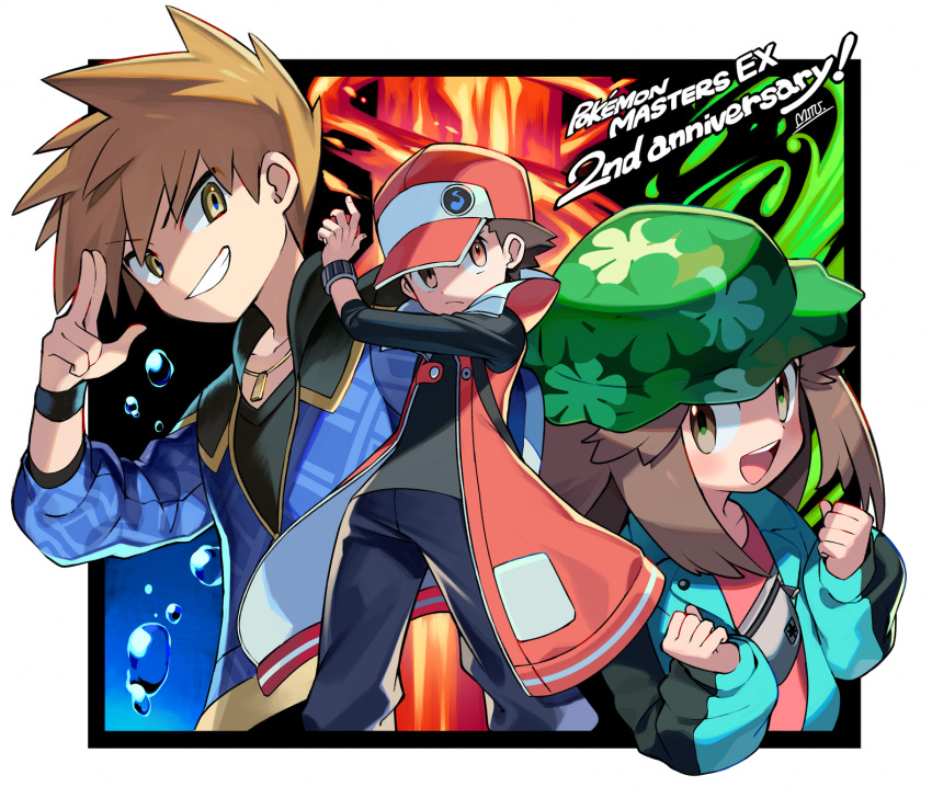 1girl 2boys :d air_bubble baseball_cap black_shirt black_wristband blue_jacket blue_oak brown_eyes brown_hair bubble camouflage camouflage_headwear coat commentary_request fire green_coat green_headwear grin hand_up hands_up hat highres holding holding_poke_ball jacket jewelry leaf_(pokemon) long_sleeves mitsu_(mitu_328) multiple_boys necklace official_alternate_costume open_clothes open_coat open_mouth pants poke_ball poke_ball_(basic) pokemon pokemon_(game) pokemon_masters_ex red_(pokemon) red_coat red_headwear shirt short_hair sleeveless_coat smile spiky_hair teeth tongue upper_teeth wristband