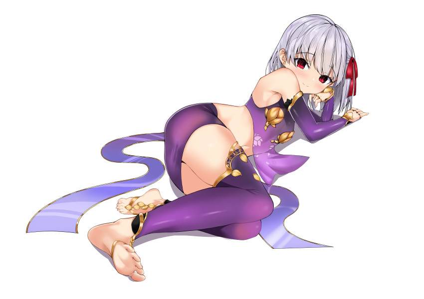 1girl absurdres armlet armor ass bangs bare_shoulders bikini_armor blush bracelet breasts collar detached_sleeves dress earrings fate/grand_order fate_(series) feet floral_print hair_ribbon highres jewelry kama_(fate) looking_at_viewer lying metal_collar miniskirt on_side pelvic_curtain purple_dress purple_legwear purple_skirt purple_sleeves red_eyes ribbon ring short_hair silver_hair skirt small_breasts smile soles solo thigh-highs thighlet tor_ai