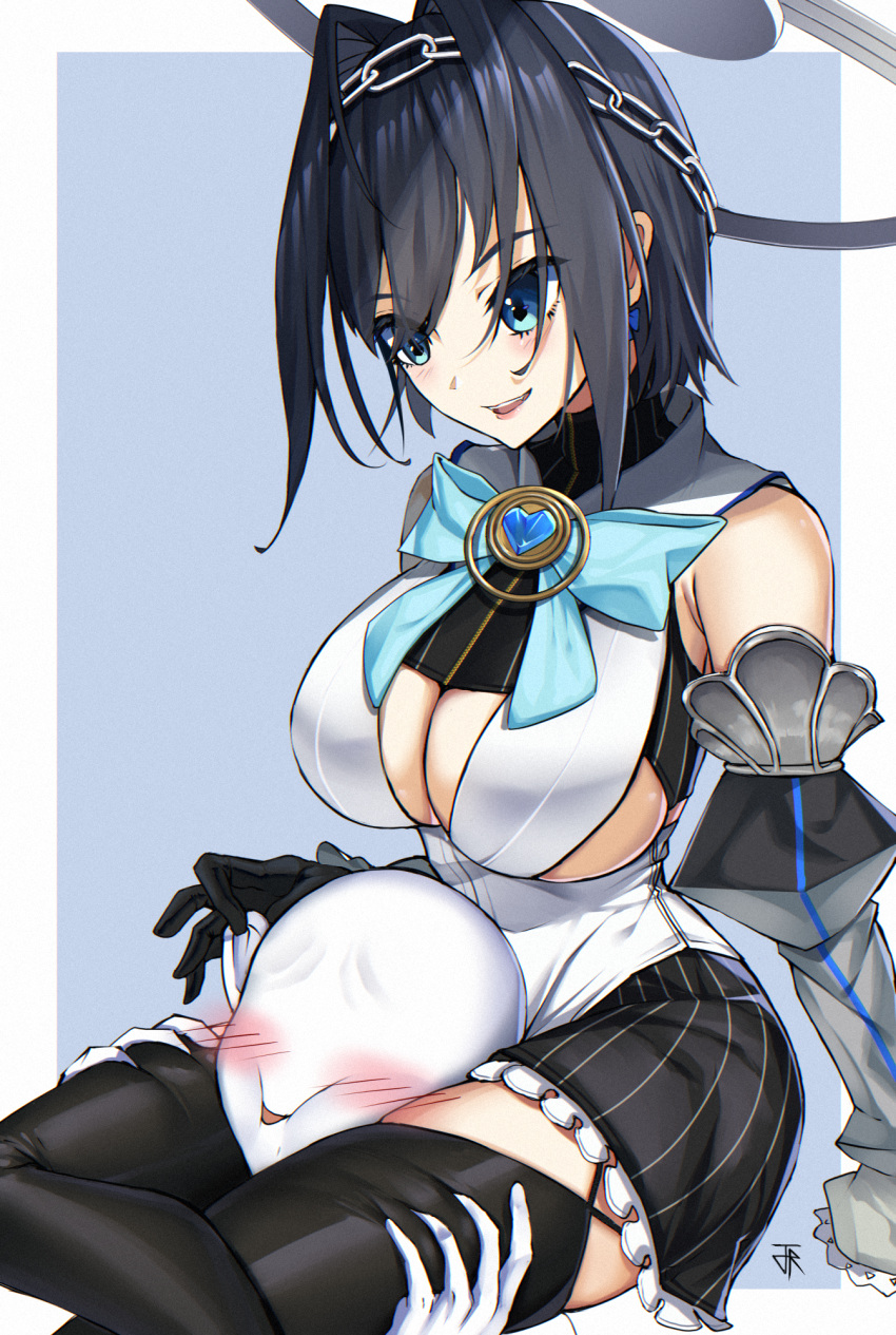 1boy 1girl 2ndeminence bangs between_thighs black_hair black_legwear black_skirt blue_eyes blush bow bowtie breasts choke_hold cleavage_cutout clothing_cutout detached_sleeves ear_grab ear_pull faceless faceless_male hair_between_eyes hair_intakes halo head_between_thighs head_chain highres hololive large_breasts leg_lock looking_at_another mechanical_halo miniskirt ouro_kronii parted_lips short_hair sitting skirt smile strangling thigh-highs thighs virtual_youtuber