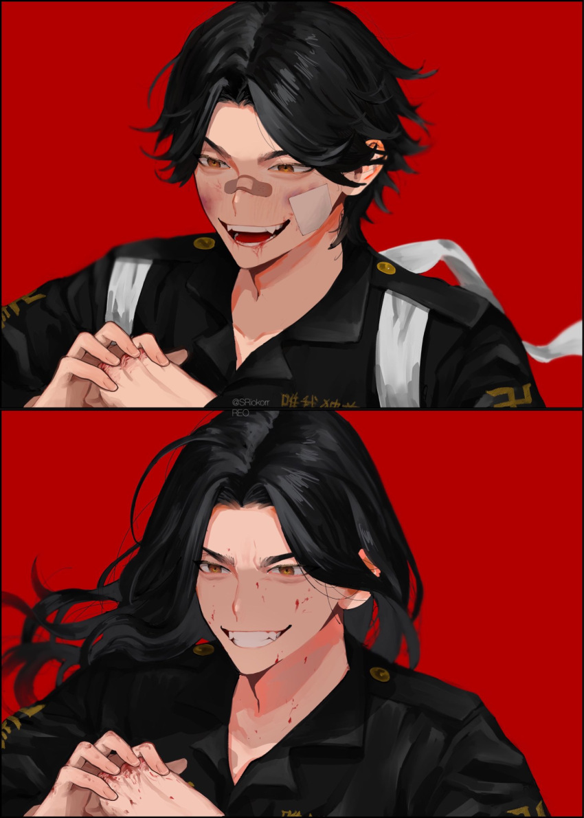 1boy baji_keisuke bandage_on_face bandages bandaid bandaid_on_nose bangs black_hair black_jacket blood blood_from_mouth blood_on_face brown_eyes fist_in_hand grin highres jacket long_hair long_sleeves looking_away male_focus open_mouth parted_bangs red_background short_hair simple_background smile sriokorr teeth tokyo_revengers twitter_username upper_body variations