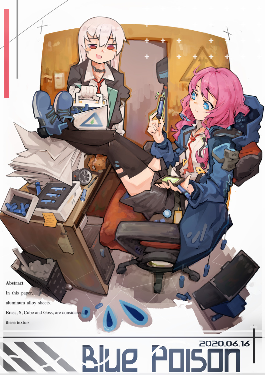 1boy 1girl 1other absurdres ambiguous_gender ansel_(arknights) arknights black_collar black_jacket black_legwear black_shorts blue_eyes blue_footwear blue_jacket blue_poison_(arknights) blush_stickers box cellphone chair character_name collar commentary dated doctor_(arknights) feet_on_table first_aid_kit full_body hair_between_eyes highres holding holding_phone holding_syringe hood hood_down hood_up jacket jumbowhopper korean_commentary mask mixed-language_commentary necktie office_chair open_clothes open_jacket paper_stack peeking phone pink_hair red_eyes red_neckwear shirt shorts sitting standing syringe thigh-highs trash_can twintails white_shirt