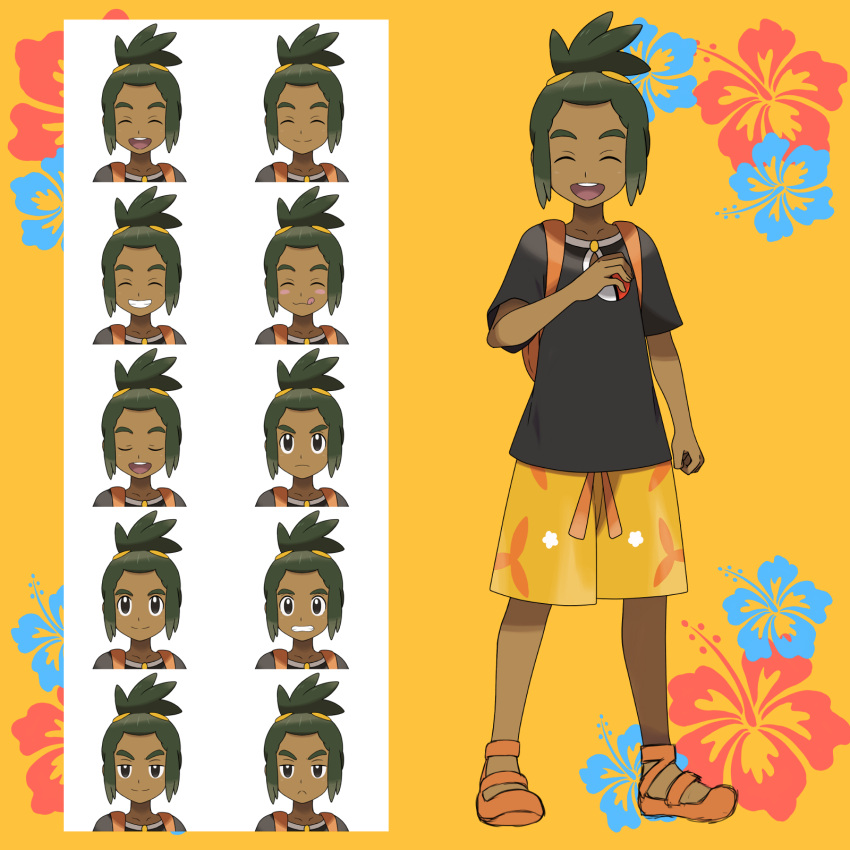 1boy :d asatsuki_(fgfff) backpack bag black_shirt clenched_hand closed_eyes collarbone commentary_request dark-skinned_male dark_skin expression_chart floral_background floral_print green_hair hand_up hau_(pokemon) highres holding holding_poke_ball male_focus multiple_views open_mouth orange_bag orange_footwear orange_shorts poke_ball poke_ball_(basic) pokemon pokemon_(game) pokemon_sm shirt shoes short_hair short_ponytail short_sleeves shorts smile standing tongue upper_teeth