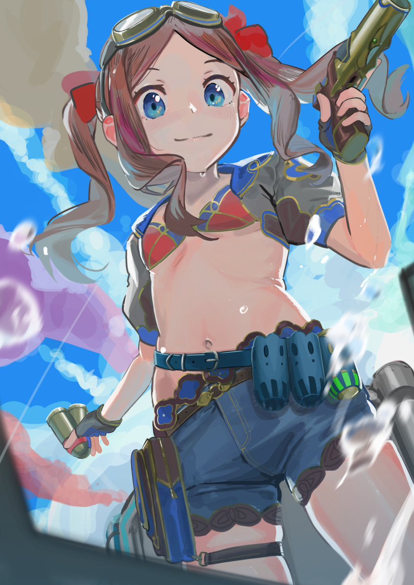 1girl absurdres bangs bikini bikini_top blue_eyes blue_shorts blue_sky breasts brown_gloves brown_hair bullet collarbone da_mei fate/grand_order fate_(series) fingerless_gloves forehead gloves goggles gun hair_ribbon highres jewelry leonardo_da_vinci_(fate) leonardo_da_vinci_(swimsuit_ruler)_(fate) long_hair looking_at_viewer necklace parted_bangs puffy_short_sleeves puffy_sleeves red_bikini red_ribbon ribbon short_shorts short_sleeves shorts shrug_(clothing) sidelocks sky small_breasts smile solo swimsuit thighs twintails water weapon