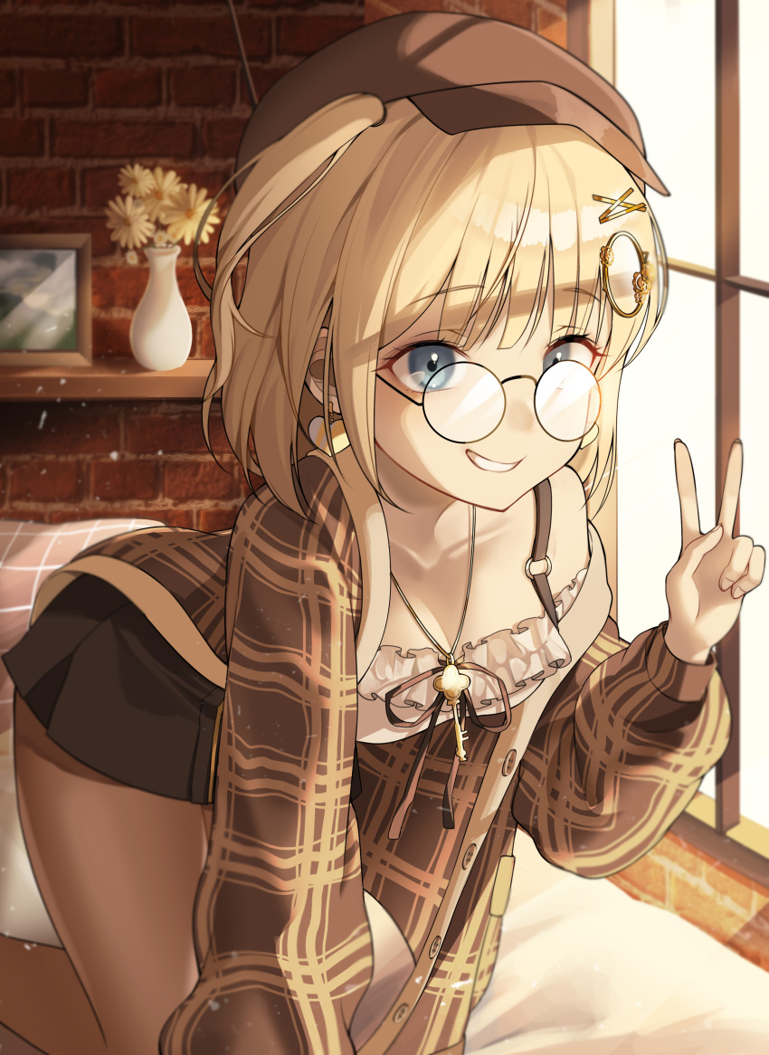1girl absurdres bed beret black_jacket blonde_hair blue_eyes brick_wall brown_headwear brown_jacket brown_legwear brown_skirt detective earrings flower frilled_shirt_collar frills glasses grin hair_ornament hat highres hololive hololive_english indoors jacket jewelry leaning_forward leggings long_sleeves looking_at_viewer monocle_hair_ornament necklace official_alternate_costume open_mouth portrait_(object) shirt short_hair skirt smile taccho teeth v vase watson_amelia white_shirt window yellow_flower