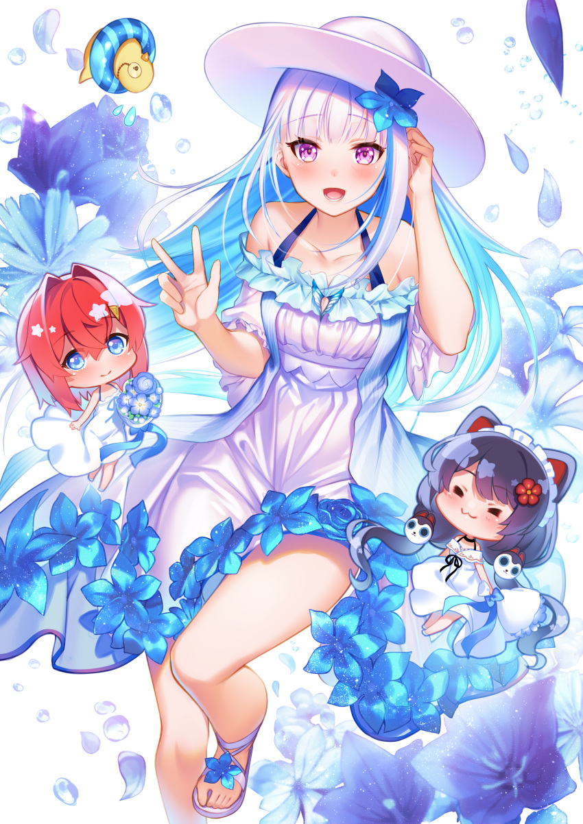 3girls :3 :d absurdres ange_katrina animal_ears arm_up bangs bare_shoulders black_hair blue_eyes blue_flower blue_hair blush chibi closed_mouth collarbone colored_inner_hair commentary_request dog_ears dog_hair_ornament dress eyebrows_visible_through_hair flower flower_trim foot_out_of_frame hair_between_eyes hair_flower hair_ornament halter_dress halterneck hand_up hat highres innertube inui_toko lize_helesta long_hair looking_at_viewer low_twintails maid_headdress multicolored_hair multiple_girls nanafuton nijisanji off-shoulder_dress off_shoulder open_mouth petals red_eyes sandals sebastian_piyodore short_sleeves silver_hair smile sun_hat twintails v very_long_hair violet_eyes virtual_youtuber white_dress white_footwear white_headwear