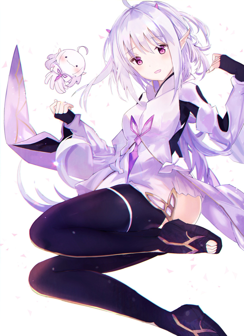 1girl ahoge ass black_sleeves clothes collared_shirt creature curled_fingers dedeko fate/grand_order fate/prototype fate_(series) fingerless_gloves full_body gloves highres long_hair merlin_(fate/prototype) open_mouth petals pink_eyes pointy_ears purple_hair shirt sidelocks simple_background solo thigh-highs thighs toeless_footwear toes wavy_mouth white_background