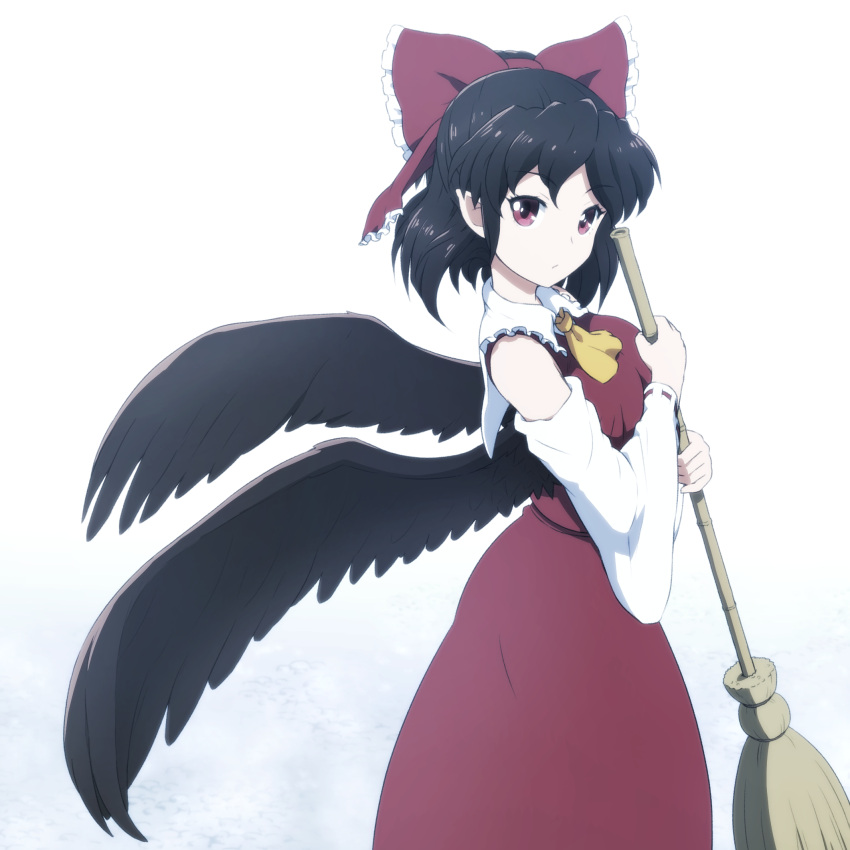 1girl ascot bamboo_broom bare_shoulders black_hair black_wings bow broom commentary cosplay detached_sleeves frilled_bow frills hair_bow hakurei_reimu hakurei_reimu_(cosplay) highres holding holding_broom japanese_clothes long_skirt looking_at_viewer miko pointy_ears red_bow red_eyes red_skirt shameimaru_aya shirosato short_hair simple_background skirt solo touhou white_background wide_sleeves wings yellow_neckwear