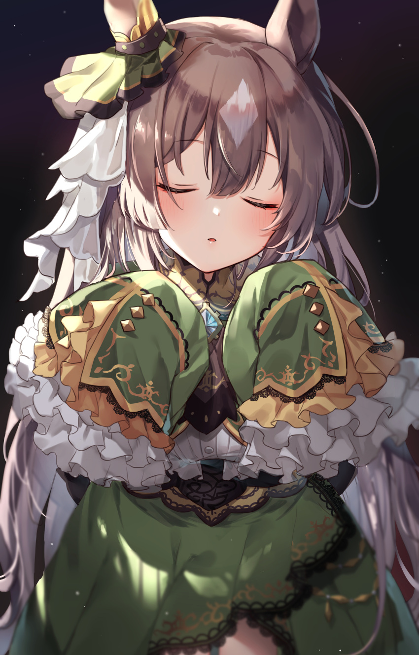 1girl 40_(0f0urw) absurdres animal_ears black_background brooch brown_hair closed_eyes dress ear_ornament facing_viewer frilled_sleeves frills green_dress green_skirt highres horse_ears horse_girl jewelry long_hair satono_diamond_(umamusume) skirt sleeves_past_fingers sleeves_past_wrists solo uma_pyoi_densetsu umamusume wide_sleeves