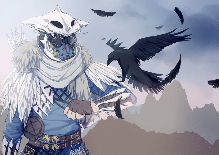 1other ambiguous_gender animal_on_arm animal_skull apex_legends beige_scarf bird bird_on_arm bloodhound_(apex_legends) brown_gloves clenched_hand crow feather_trim feathers fingerless_gloves gas_mask gloves goggles highres mask mountain nroc skull skull_on_head solo young_blood_bloodhound