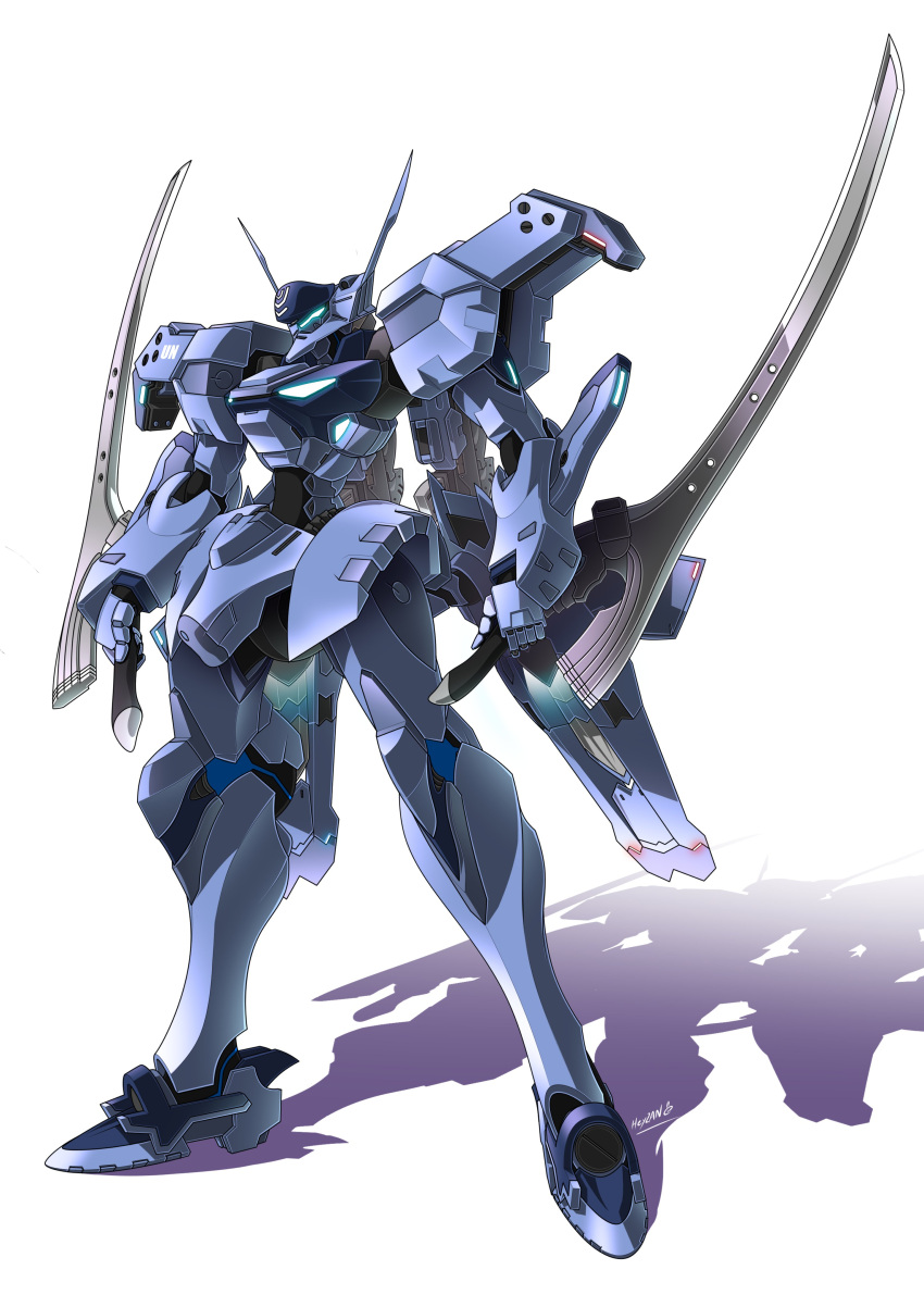 absurdres clenched_hand commission dual_wielding glowing heyzan highres holding holding_sword holding_weapon holstered_weapon looking_ahead mecha muvluv muvluv_alternative no_humans science_fiction shadow solo standing sword type_94_shiranui visor weapon white_background