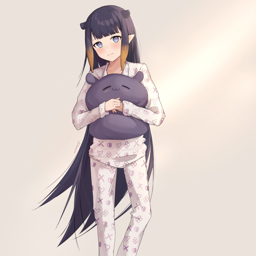 1girl absurdres alternate_costume animal_ears bangs black_hair blue_eyes blunt_bangs blush embarrassed feet_out_of_frame gradient_hair hair_down highres hololive hololive_english jushoro long_hair looking_at_viewer multicolored_hair ninomae_ina'nis no_headwear object_hug orange_hair pajamas pillow pillow_hug pointy_ears sidelocks solo symbol-only_commentary tako_(ninomae_ina'nis) tentacle_hair very_long_hair virtual_youtuber