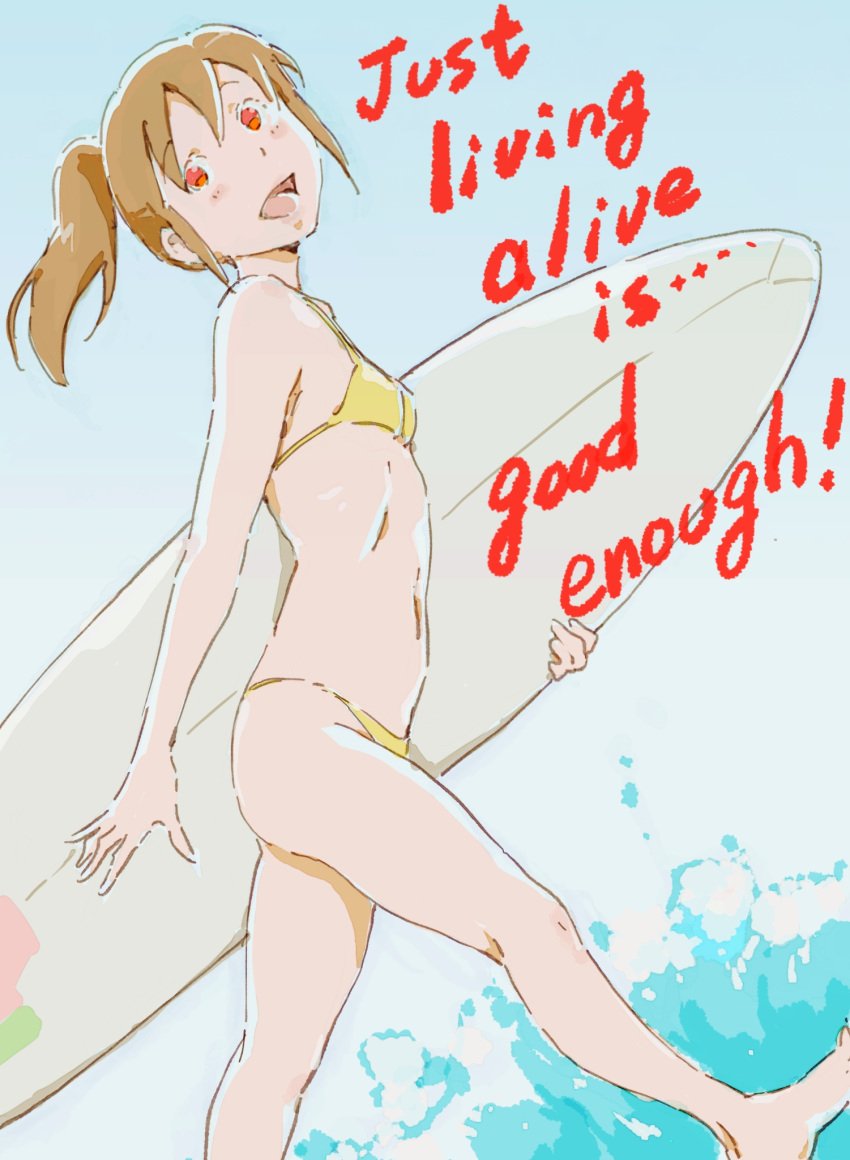 1girl bangs barefoot bikini blue_background breasts english_text gradient gradient_background head_tilt highres holding holding_surfboard long_hair monodevil navel ocean open_mouth original red_eyes sidelocks sky small_breasts solo splashing surfboard swimsuit twintails walking yellow_bikini
