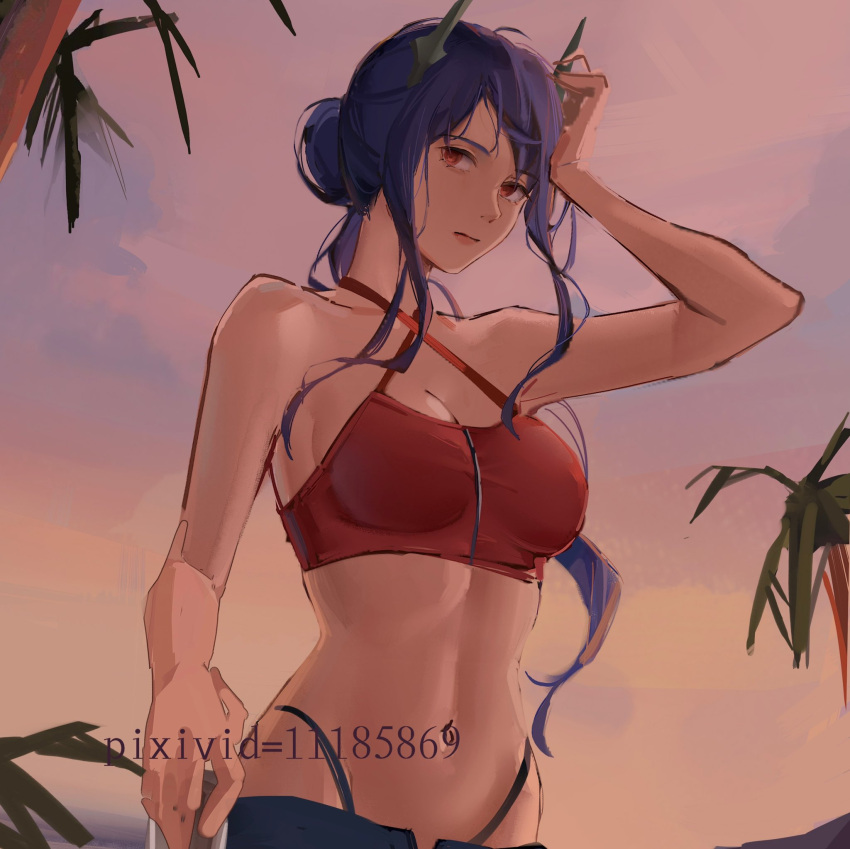 1girl arknights arm_up bangs blue_hair breasts ch'en_(arknights) clouds collarbone dragon_girl dragon_horns dusk hat highres horns long_hair looking_at_viewer peaked_cap ponytail red_eyes rifu_(643763873) shorts solo stomach swimsuit