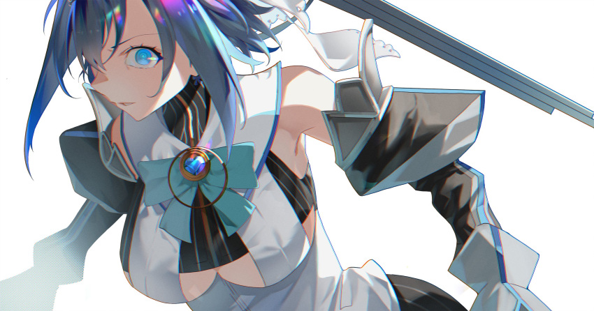 1girl bare_shoulders black_shirt blue_eyes blue_hair breasts cleavage_cutout clothing_cutout detached_sleeves halo headband highres hololive hololive_english juliet_sleeves kuroi_enpitsu large_breasts long_sleeves mechanical_halo ouro_kronii pinstripe_pattern pinstripe_shirt puffy_sleeves shirt short_hair simple_background sleeveless sleeveless_shirt solo striped under_boob veil virtual_youtuber white_background white_shirt