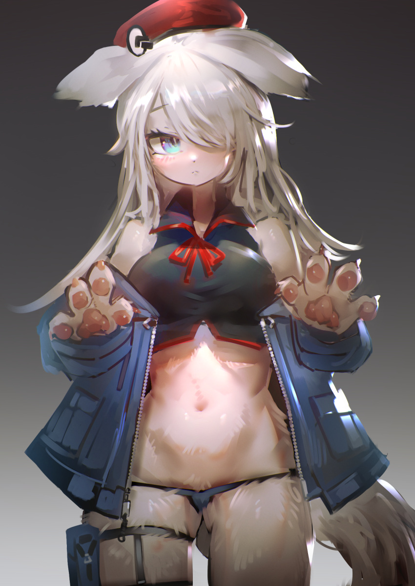 1girl 9a-91_(girls'_frontline) animal_ears animal_hands beret blue_eyes blush breasts furry furry_female girls_frontline hat highres medium_breasts navel official_alternate_costume panties paw_pose solo tail underwear user_msay4453