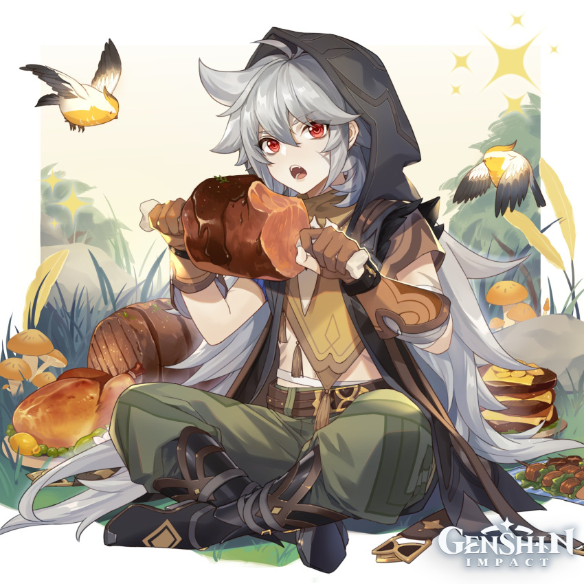 1boy absurdres antenna_hair artist_request bangs belt bird boned_meat boots brown_belt brown_gloves crossed_legs english_commentary food genshin_impact gloves grass green_pants grey_hair hair_between_eyes highres holding holding_food hood hood_up logo long_hair male_focus meat mushroom official_art open_mouth pants partially_fingerless_gloves razor_(genshin_impact) red_eyes scar scar_on_face short_sleeves skewer sparkle tassel