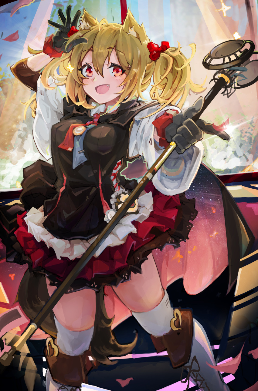 1girl :d absurdres animal_ear_fluff animal_ears arknights black_gloves black_shirt black_skirt blonde_hair boots cape commentary eyebrows_visible_through_hair fang feet_out_of_frame frilled_skirt frills gloves hair_between_eyes hand_up highres holding holding_microphone_stand jumbowhopper looking_at_viewer microphone_stand necktie open_mouth red_eyes red_neckwear red_skirt shirt skirt smile solo sora_(arknights) standing thigh-highs twintails two-tone_skirt white_footwear white_legwear white_sleeves wolf_ears
