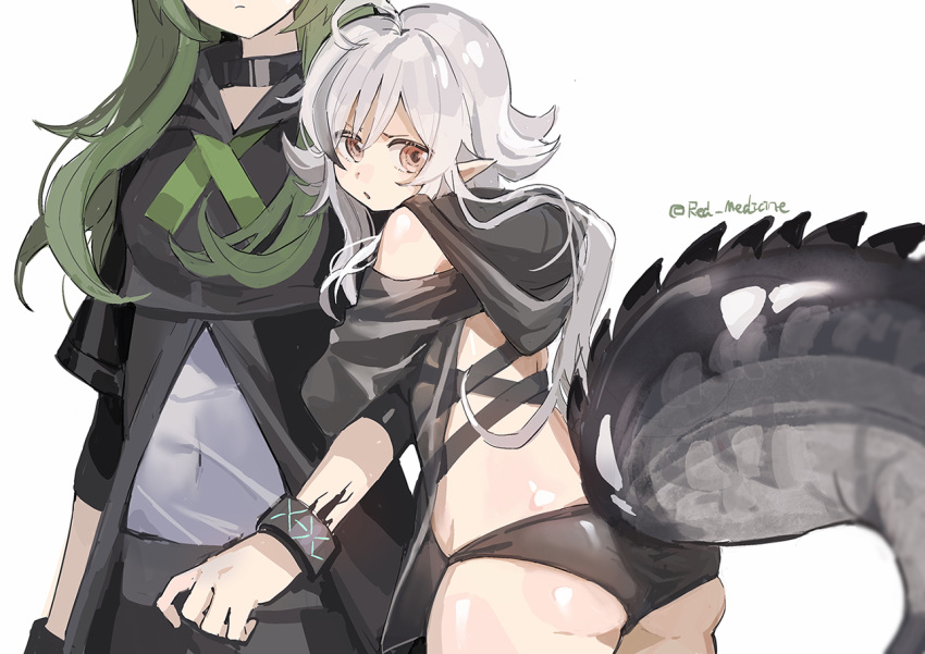 2girls :o ahoge arknights arm_hug ass black_collar black_panties black_shirt black_wristband collar covered_navel cowboy_shot crocodilian_tail gavial_(arknights) green_hair grey_hair hood hood_down infection_monitor_(arknights) long_hair looking_at_viewer looking_back multicolored_hair multiple_girls orange_eyes oripathy_lesion_(arknights) panties pointy_ears red_(girllove) shirt simple_background streaked_hair tail thighs tomimi_(arknights) twitter_username underwear white_background