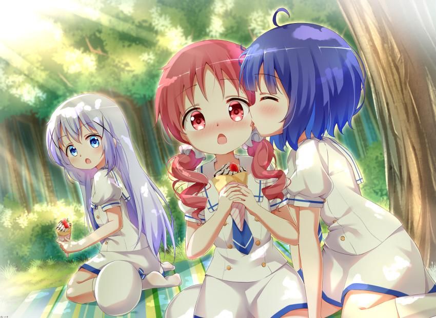 3girls ahoge blue_eyes blue_hair blue_neckwear blush chimame-tai closed_eyes crepe drill_hair eyebrows_visible_through_hair food forest gochuumon_wa_usagi_desu_ka? hair_between_eyes hair_ornament hat hat_removed headwear_removed highres holding holding_food jouga_maya kafuu_chino kneehighs long_hair mixed-language_commentary multiple_girls natsu_megumi nature open_mouth painter-lhb puffy_short_sleeves puffy_sleeves red_eyes redhead school_uniform short_hair short_sleeves skirt tongue tongue_out tree twin_drills white_headwear white_legwear white_skirt x_hair_ornament