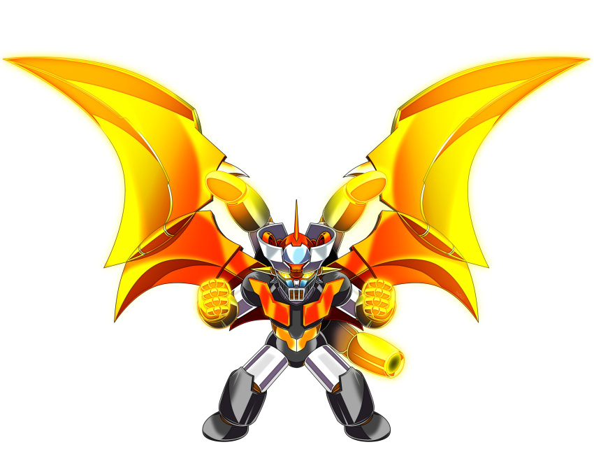 absurdres chibi clenched_hands commission glowing glowing_eyes glowing_hands heyzan highres mazinger_(series) mazinger_z_(mecha) mecha mechanical_wings no_humans shin_mazinger_shougeki!_z-hen solo super_robot white_background wings yellow_eyes