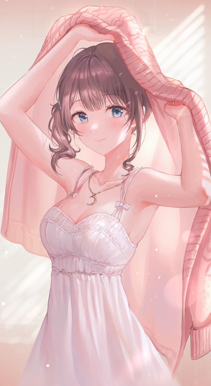 1girl absurdres arms_up bangs bare_shoulders blue_eyes breasts brown_hair brown_jacket collarbone commentary_request copyright_request crescent_necklace dress highres holding holding_clothes holding_jacket jacket looking_at_viewer medium_hair smile solo tokkyu white_dress