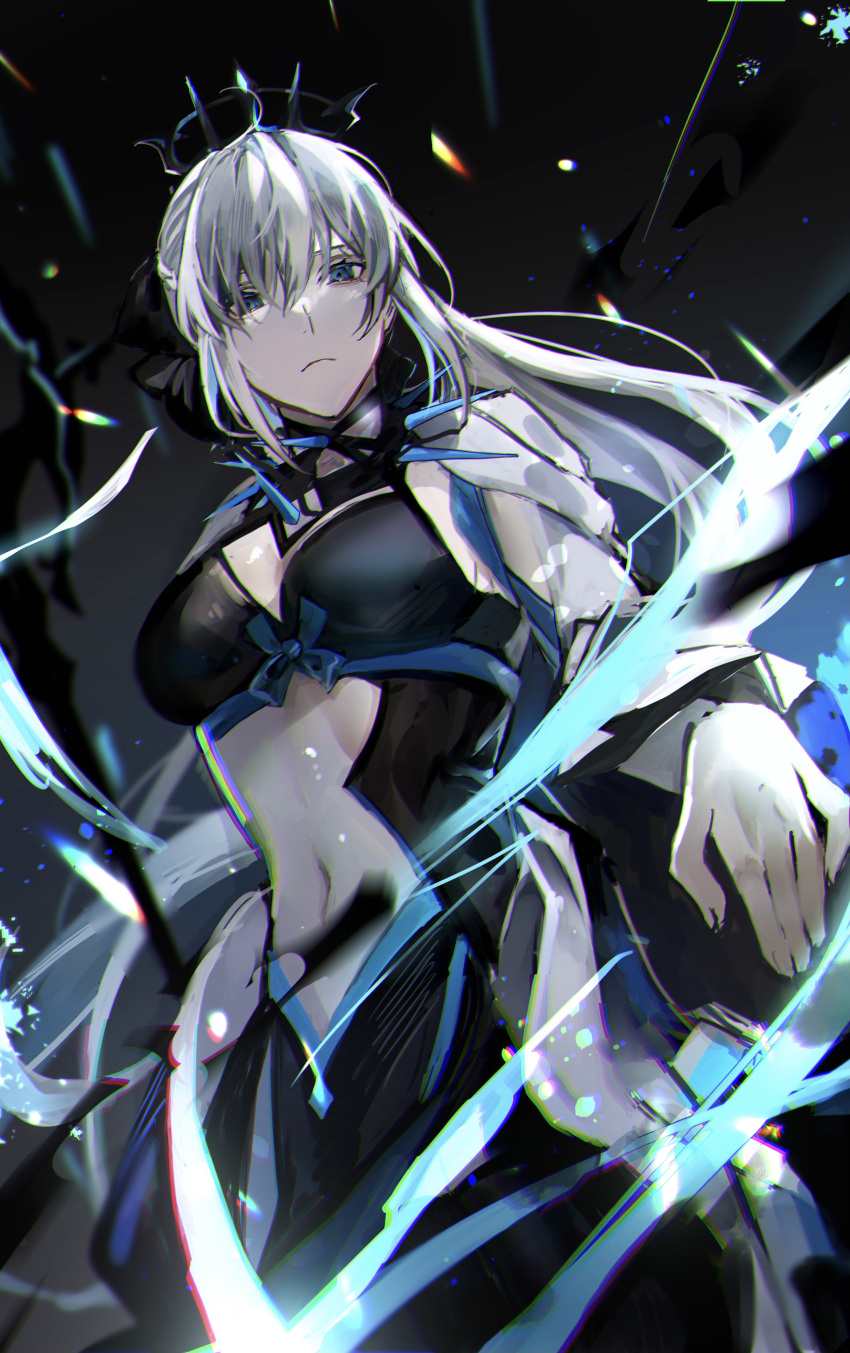 1girl absurdres black_background blue_ribbon breasts cape dutch_angle fate/grand_order fate_(series) from_below frown green_eyes grey_cape grey_hair highres large_breasts long_hair looking_at_viewer morgan_le_fay_(fate) navel ribbon solo zaza_(zazam_s)