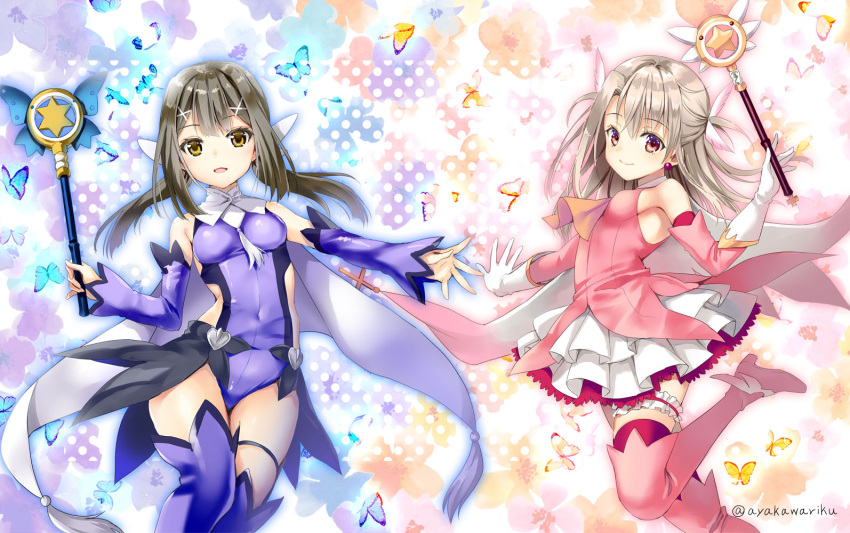 2girls ayakawa_riku black_hair boots breasts brown_eyes bug butterfly commentary_request covered_navel dress fate/kaleid_liner_prisma_illya fate_(series) gloves holding holding_wand illyasviel_von_einzbern kaleidostick leg_garter leotard low_twintails magical_girl magical_ruby magical_sapphire miyu_edelfelt multiple_girls open_mouth pink_dress pink_eyes pink_footwear purple_legwear purple_leotard red_legwear signature silver_hair small_breasts smile thigh-highs thigh_boots twintails twitter_username wand white_gloves