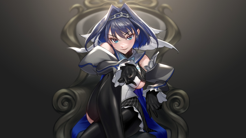 1girl absurdres asymmetrical_clothes asymmetrical_legwear black_gloves black_legwear blue_hair blue_ribbon bow bow_earrings breasts chain cleavage_cutout clothing_cutout detached_sleeves earrings gloves hair_intakes head_chain headband highres hololive hololive_english jewelry large_breasts micro_shorts miniskirt ouro_kronii ribbon sailor_collar shirt short_hair shorts skirt sleeveless sleeveless_shirt solo somebody_(leiking00) sweater turtleneck turtleneck_sweater under_boob underboob_cutout virtual_youtuber