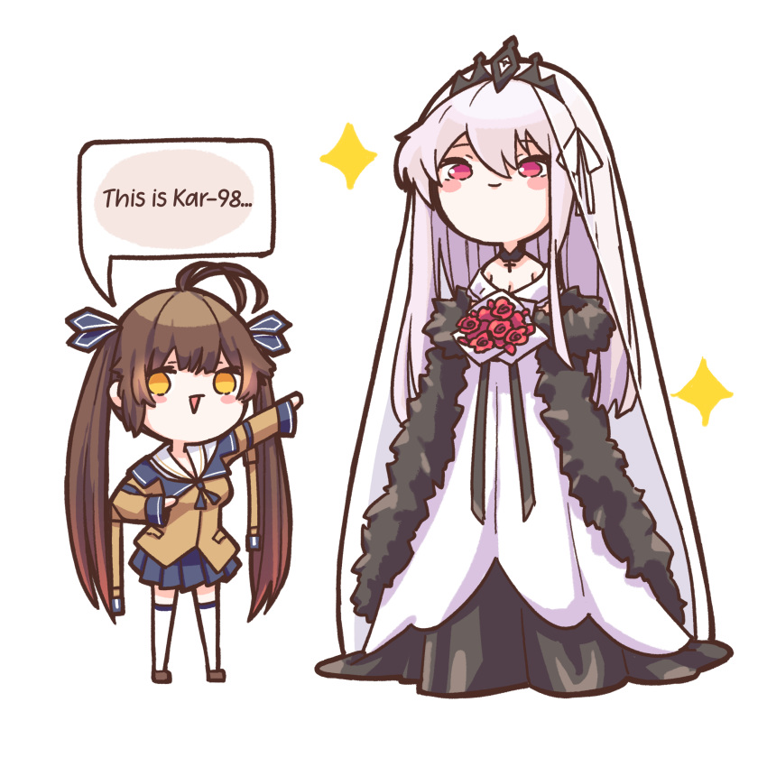 2girls absurdres alternate_language breasts brown_hair chuo8008 dress english_text girls_frontline highres kar98k_(girls'_frontline) long_hair m14_(girls'_frontline) multiple_girls official_alternate_costume orange_eyes red_eyes twintails very_long_hair wedding_dress white_hair