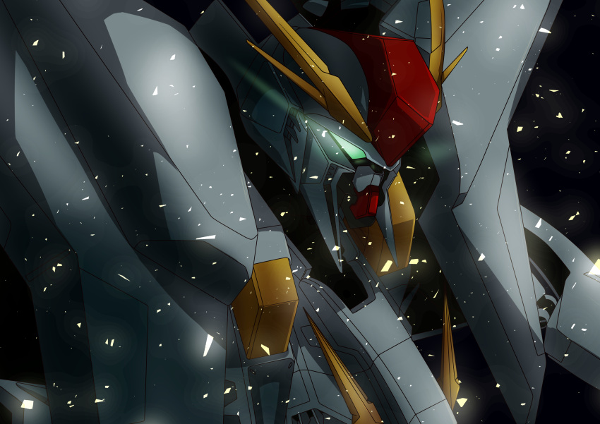 absurdres black_background commentary embers glowing glowing_eyes green_eyes gundam gundam_hathaway's_flash highres mecha midori_no_ryokucha mobile_suit no_humans portrait science_fiction solo v-fin xi_gundam