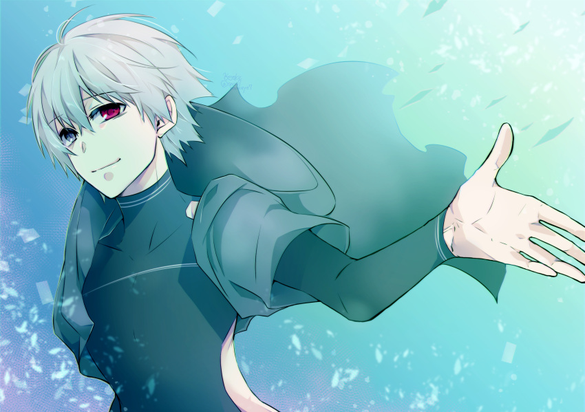 1boy bangs black_bodysuit blue_background blue_eyes bodysuit covered_collarbone floating_clothes gradient gradient_background grey_hair heterochromia highres hood hood_down hooded_jacket jacket kaneki_ken kyoya_(0o-7snow7-o0) layered_sleeves long_sleeves red_eyes short_hair short_over_long_sleeves short_sleeves smile solo tokyo_ghoul torn_jacket