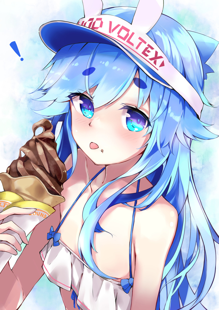 ! 1girl bangs bare_arms bare_shoulders bemani bikini blue_eyes blue_hair blue_headwear collarbone commentary eyebrows_visible_through_hair food food_on_face highres holding holding_food ice_cream ice_cream_cone ice_cream_on_face kie_(yospcd) long_hair looking_at_viewer noah_(sound_voltex) short_eyebrows soft_serve solo sound_voltex swimsuit thick_eyebrows tongue tongue_out upper_body very_long_hair visor_cap white_bikini