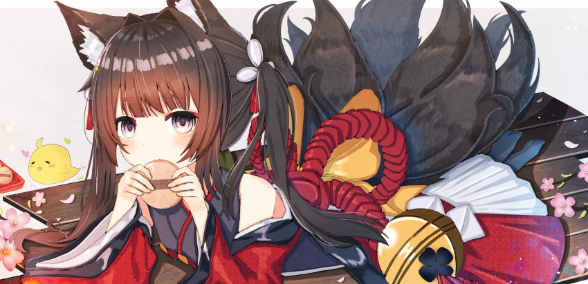 1girl absurdres amagi-chan_(azur_lane) animal_ears azur_lane bangs bell bird black_hair black_legwear blunt_bangs bow cherry_blossoms chick commentary covering_mouth eyebrows_visible_through_hair food fox_ears fox_girl fox_tail grey_eyes hair_between_eyes hair_bow hair_ribbon highres holding holding_food japanese_clothes kyuubi long_hair looking_at_viewer lying manjuu_(azur_lane) multiple_tails nahril on_stomach ribbon rope senbei shimenawa sidelocks symbol-only_commentary tail thick_eyebrows twintails wide_sleeves